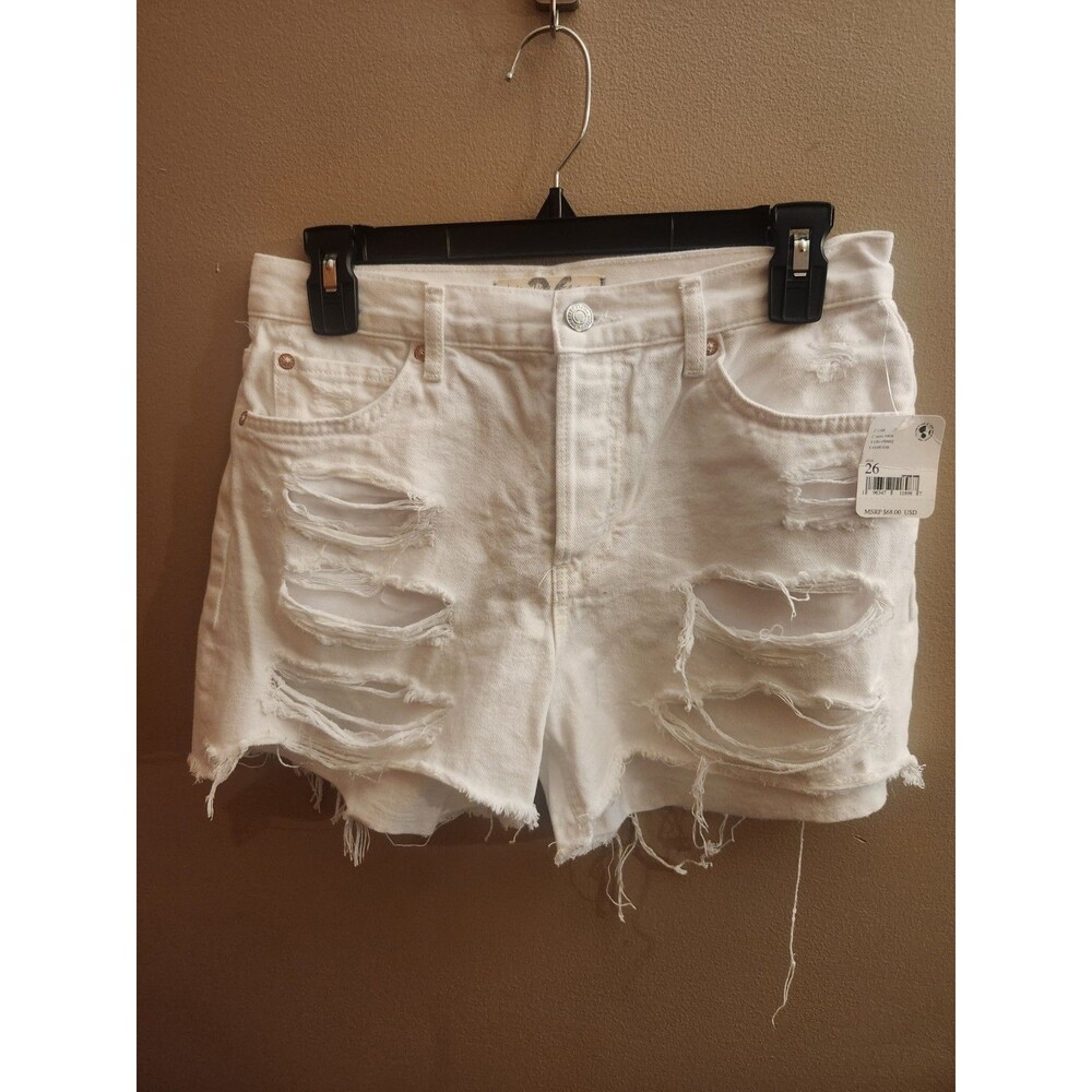 We the Free People Distressed Cutoff White Denim Shorts Button Fly Size 26 NWT